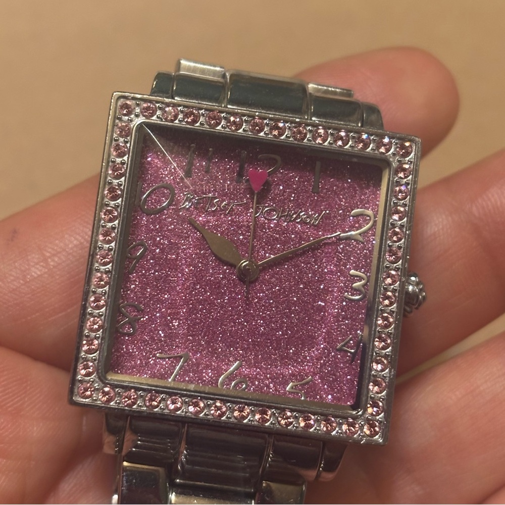 Betsey Johnson Crystal Rhinestone Pink Glitter Heart Watch - Picture 1 of 13
